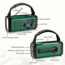Load image into Gallery viewer, Emergency Radio with 10000 mAh Power Bank, Solar, Hand Crank, and USB-C, LED Light, SOS Alarm, Compass, AM/FM/NOAA