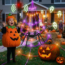 Load image into Gallery viewer, Motion Activated Halloween Spider Web Light 20 By 17 Feet with 150 LEDs and Six Music Modes