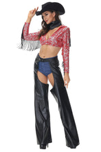 Load image into Gallery viewer, Womens Western Cowgirl Costume with Fringe Crop Top, Open Side Pants, Belt, and Optional Hat