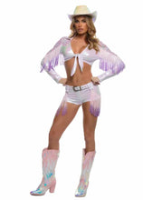 Load image into Gallery viewer, Iridescent Cowgirl Costume Set with Tie Front Fringe Crop Top, Belt, and Shorts