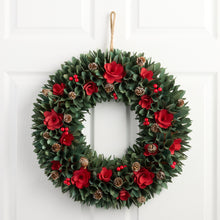 Load image into Gallery viewer, Handcrafted Wood Curl Christmas Wreath with Red Flowers, Pinecones, and Faux Berries
