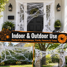 Load image into Gallery viewer, Halloween Spider Web Cobweb Set with 40 Fake Spiders in Six Coverage Sizes