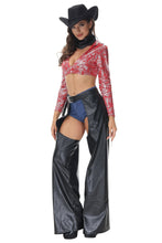 Load image into Gallery viewer, Womens Western Cowgirl Costume with Fringe Crop Top, Open Side Pants, Belt, and Optional Hat