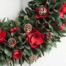Load image into Gallery viewer, Handcrafted Wood Curl Christmas Wreath with Red Flowers, Pinecones, and Faux Berries