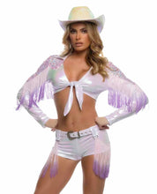 Load image into Gallery viewer, Iridescent Cowgirl Costume Set with Tie Front Fringe Crop Top, Belt, and Shorts
