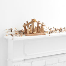Load image into Gallery viewer, Rustic Driftwood and Paper Pulp Nativity Scene with Gold Washed Figures Under a Star of Bethlehem