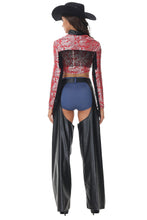 Load image into Gallery viewer, Womens Western Cowgirl Costume with Fringe Crop Top, Open Side Pants, Belt, and Optional Hat