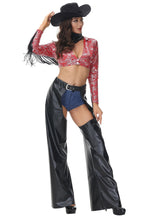 Load image into Gallery viewer, Womens Western Cowgirl Costume with Fringe Crop Top, Open Side Pants, Belt, and Optional Hat