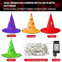 Load image into Gallery viewer, Hanging Witch Hat String Lights with 8 Glowing Hats and 8 Light Modes