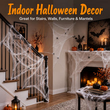 Load image into Gallery viewer, Halloween Spider Web Cobweb Set with 40 Fake Spiders in Six Coverage Sizes