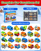Load image into Gallery viewer, Toddler Pull Back Car Countdown Calendar with 24 Colorful Cars and a Play Map in a Gift Ready Box