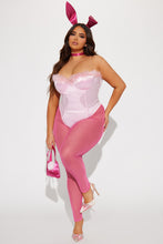 Load image into Gallery viewer, Womens Pink Bunny Costume Set with Faux Fur Trim Bodysuit and Sheer Leggings
