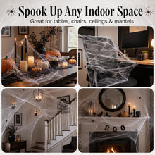 Load image into Gallery viewer, Halloween Spider Web Cobweb Set with 40 Fake Spiders in Six Coverage Sizes