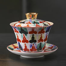 Load image into Gallery viewer, Chinoiserie Enamel Porcelain Tea Bowl with Rotating Three-Cup Design and Gold Lid