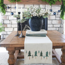 Load image into Gallery viewer, Embroidered Tree Table Runner with Neutral Fabric for Holiday Dining