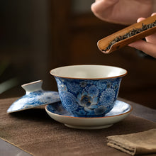 Load image into Gallery viewer, Blue and White Porcelain Teacup with Lid, 3.7 oz Exquisite Ceramic Gaiwan for Home Tea Brewing