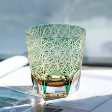 Load image into Gallery viewer, Hand Carved Edo Kiriko Crystal Whiskey Glass with Chrysanthemum Pattern