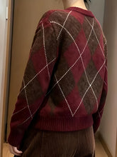 Load image into Gallery viewer, Womens Diamond Argyle Round Neck Sweater with Long Sleeves and a Soft Warm Relaxed Fit in Red Brown