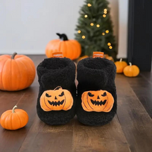 Load image into Gallery viewer, Children's Ankle High Slippers with Pumpkin and Spider Design, Fleece Polyester Blend