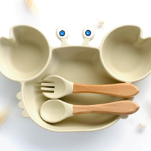 Load image into Gallery viewer, Silicone Crab Shaped Baby Feeding Set with Bamboo Utensils