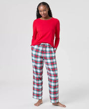 Load image into Gallery viewer, Womens Plaid Flannel Pajama Set with Crew Neck Top and Drawstring Pocket Pants