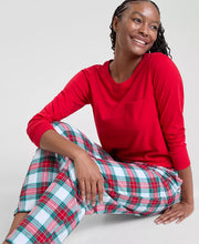Load image into Gallery viewer, Womens Plaid Flannel Pajama Set with Crew Neck Top and Drawstring Pocket Pants