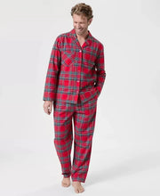 Load image into Gallery viewer, Plaid Woven Flannel Pajama Set with Chest Pocket Shirt and Elastic Drawstring Pants