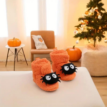 Load image into Gallery viewer, Children's Ankle High Slippers with Pumpkin and Spider Design, Fleece Polyester Blend