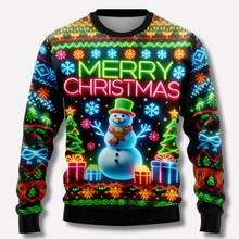 Load image into Gallery viewer, Neon Christmas Sweater with Reindeer and Snowflake Graphics, Unisex Relaxed Fit