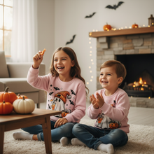 Load image into Gallery viewer, Cozy Halloween Sweatshirt for Kids with Ghost Pumpkin and Bat Design
