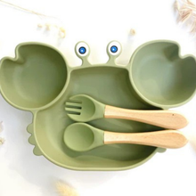 Load image into Gallery viewer, Silicone Crab Shaped Baby Feeding Set with Bamboo Utensils