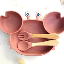 Load image into Gallery viewer, Silicone Crab Shaped Baby Feeding Set with Bamboo Utensils