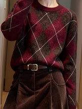 Load image into Gallery viewer, Womens Diamond Argyle Round Neck Sweater with Long Sleeves and a Soft Warm Relaxed Fit in Red Brown