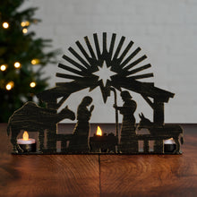 Load image into Gallery viewer, Iron Nativity Candleholder with Three Tealight Cups and Star of Bethlehem Silhouette
