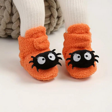 Load image into Gallery viewer, Children's Ankle High Slippers with Pumpkin and Spider Design, Fleece Polyester Blend