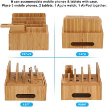 Load image into Gallery viewer, Bamboo Multi-Device Charging Station with 5 USB Ports and Organizer for Phones, Tablets, and Smartwatches