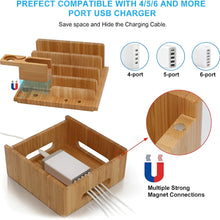 Load image into Gallery viewer, Bamboo Multi-Device Charging Station with 5 USB Ports and Organizer for Phones, Tablets, and Smartwatches