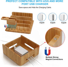 Load image into Gallery viewer, Bamboo Multi-Device Charging Station with 5 USB Ports and Organizer for Phones, Tablets, and Smartwatches