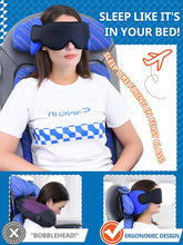 Load image into Gallery viewer, 360° travel neck pillow set with adjustable head strap and eye mask for sleeping comfort