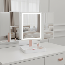 Load image into Gallery viewer, LED Light Vanity Mirror with Tri-Fold Magnification and Adjustable Brightness