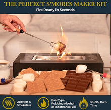 Load image into Gallery viewer, Tabletop fire pit with s’mores maker kit – portable mini fireplace for indoor/outdoor use