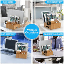 Load image into Gallery viewer, Bamboo Multi-Device Charging Station with 5 USB Ports and Organizer for Phones, Tablets, and Smartwatches