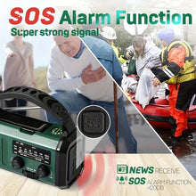 Load image into Gallery viewer, Emergency Radio with 10000 mAh Power Bank, Solar, Hand Crank, and USB-C, LED Light, SOS Alarm, Compass, AM/FM/NOAA