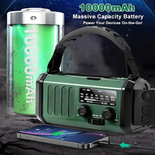 Load image into Gallery viewer, Emergency Radio with 10000 mAh Power Bank, Solar, Hand Crank, and USB-C, LED Light, SOS Alarm, Compass, AM/FM/NOAA