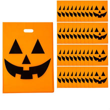 Load image into Gallery viewer, Large Orange Plastic Goody Bags Pack of 50 with Jack O Lantern Face for Halloween Candy Hauls