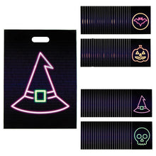 Load image into Gallery viewer, Neon Halloween Plastic Goody Bags Pack of 100 in Four Designs with Cutout Handles for Party Favors