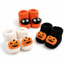 Load image into Gallery viewer, Ankle High Slippers with Pumpkin and Spider Design for Kids, Fleece Polyester Blend