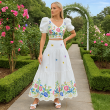 Load image into Gallery viewer, Floral Puff Sleeve Crop Top and High Waist Ruched Skirt Set for Women