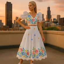 Load image into Gallery viewer, Floral Puff Sleeve Crop Top and High Waist Ruched Skirt Set for Women