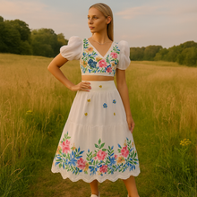 Load image into Gallery viewer, Floral Puff Sleeve Crop Top and High Waist Ruched Skirt Set for Women